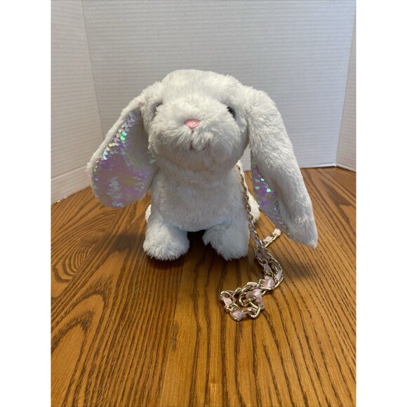 White with sqeuins Bunny Rabbit Plush Purse Gold Strap 8” X 10” - for children - Picture 3 of 12